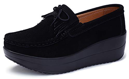 Solshine Women's Suede Leather Platform Wedge Heel Tassel Slip On Loafers Casual Shoes Black4, 4UK