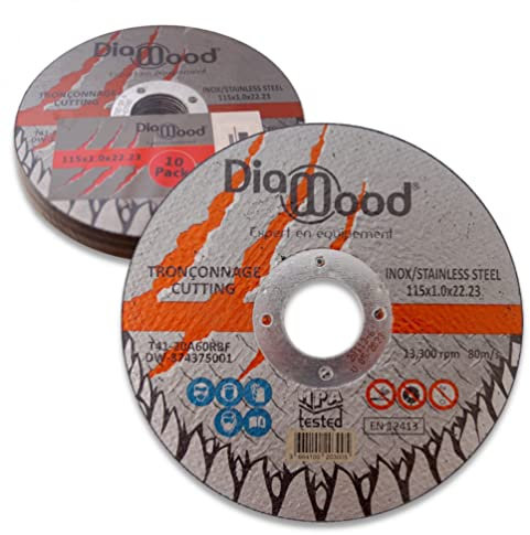 DIAMWOOD - Lot de 10 Disques à Tronçonner Inox pour Découpe Acier et Acier inoxydable pour Meuleuse d'Angle | Travail Parfait et Professionnel | Diamètre 115 mm | Alésage 22,23 mm | Epaisseur 1 mm