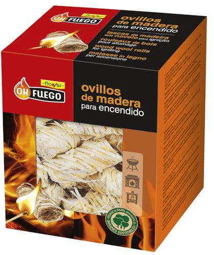 Flower – Ovillos de Encendido Ecológicos de Madera | Pack 32 Unidades | Certificación FSC | Encendido Rápido y Limpio | Ideal para Estufas, Chimeneas, Barbacoas y Hornos | 100% Naturales y Renovables