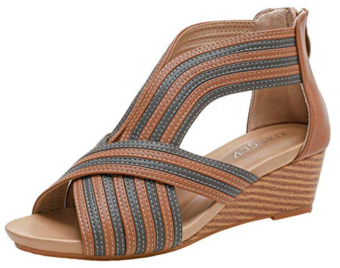 rismart Mujer Sandalias de Vestir Señoras Peep toe Medio Cuña Tiras Casual Zapatos de Verano Marrón,39.5