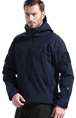 FREE SOLDIER Homme Veste Polaire Veste Militaire Tactique Veste de Ski Imperméable d'hiver Manteau Coupe-Vent extérieur Softshell avec Capuche (Bleu Marine,XL)