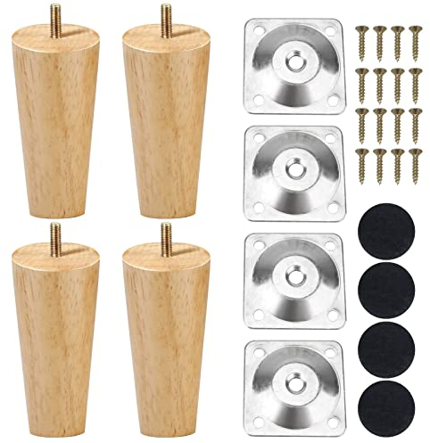 Errum 4PCS Solid Wood Furniture Legs, Replacement Cabinet Legs Wooden Table Legs Chair Legs Sofa Legs Couch Legs Dresser Legs with Rubber Protection Pad & Screws Mounting Plates
