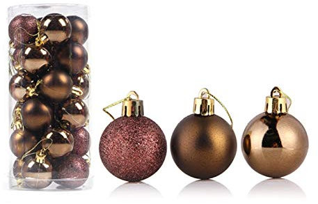 Lot de 24 boules de Noël incassables à suspendre pour sapin de Noël, vacances, mariage, maison, festival, cadeaux de Noël, marron, 6 cm