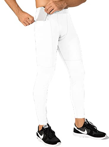 HARGLESMAN Men's Compression Pants Athletic Tights Leggings with Zip Pockets Sports Stretchy Base Layer Wetsuit Rash Guard Bottom Running Active Yoga for Teen Boys Juniors White XL