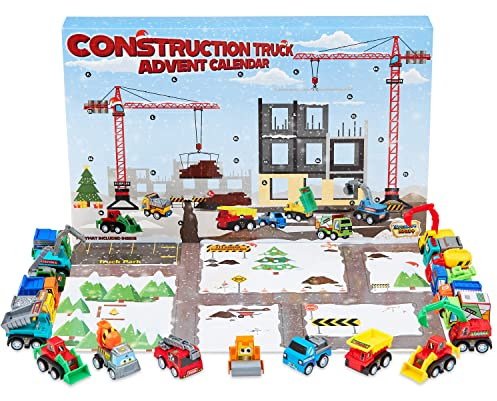 KreativeKraft Adventskalender 2025 Kinder mit 24 Überraschungen Weihnachtskalender Spielzeug Auto oder Baufahrzeuge Geschenk für Kinder (Construction Trucks)