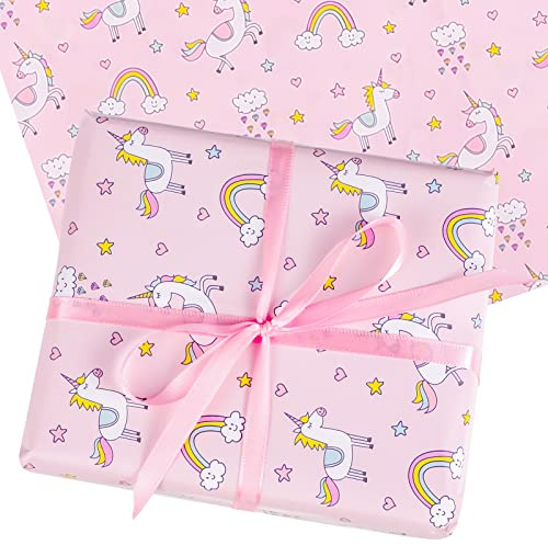Dacitiery 5 Blatt Geschenkpapier Geburtstag für Kinder, Mädchen, Jungen Einhorn Wrapping Paper mit 1 Rollen Geschenkband für Geburtstag, Babyparty Geschenkverpackung(70 x 50cm)