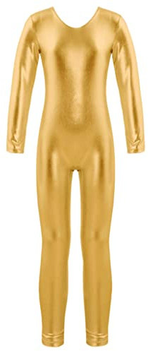 Shinsto Kids Girls Ballet Gymnastics Leotard Metallic Full Length Long Sleeves Round Neckline Jumpsuit Bodysuit Gold 6 Years