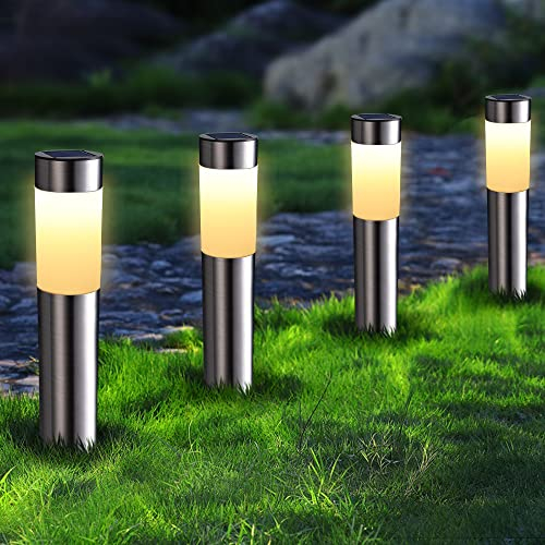 Joomer Solarlampen für Außen 4 Stück Edelstahl LED Solarleuchten Garten Außenleuchte Wetterfest Warmweiß Wegeleuchte Zylindrisch Gartenleuchte Auto Ein/Aus für Patio Rasen Terrasse Fahrstraßen