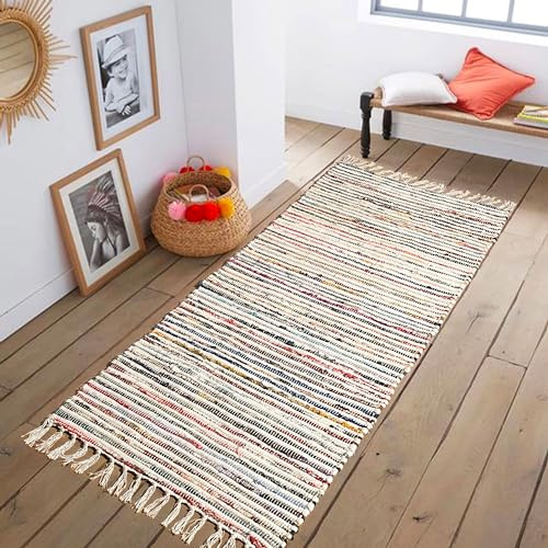 Chardin home Rag Rug Collection- White and Multi Color Chindi Rugs, 2x7 Feet, Long, Boho, Handmade Striped Runner Rug for Bedroom, Living Room, Kitchen and hallways- Bright and Colorful Rugs