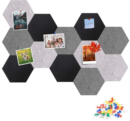 Gute Tableros de fieltro para pizarras, 12 unidades, hexagonales, 30 x 26 x 11 cm, tablones de anuncios con 50 chinchetas para decoración del hogar y oficina, tablón decorativo