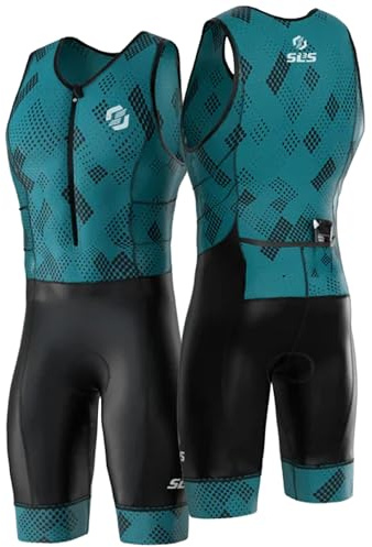 SLS3 Triathlon Einteiler Herren | FRT Trisuit | 2 Taschen | Wettkampf Triathlonanzug | Tri Anzug Frontreißverschluss (Black/Blue Stripes, M)