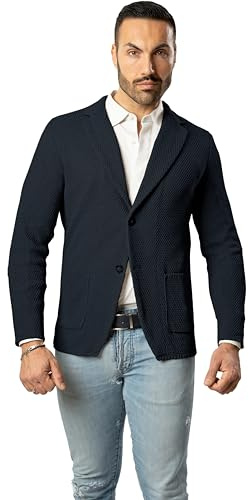 Blazer in Cotone, Giacca Jacket da Uomo Slim Fit - Punto Cucitura Chicco di Riso - Artigianale, Made in Italy - Casual, Classica Sportiva (IT, Testo, S, Regular, Regular, Blu Scuro)