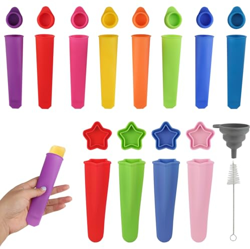 12 PCS Ice Lolly Moulds Silicone, Colourful Popsicle Mould with Lids, Ice Pop Moulds with Cleaning Brush and Folding Funnel, Reusable Ice Cream Moulds for Chocolate, Ice Pops