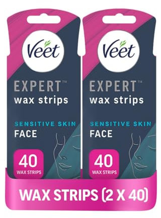 Veet Expert Cold Wax Strips, Hair Removal, Face, Sensitive Skin, 40 Strips each, 4 Finish Wipes, with Almond Oil, Pack of 2