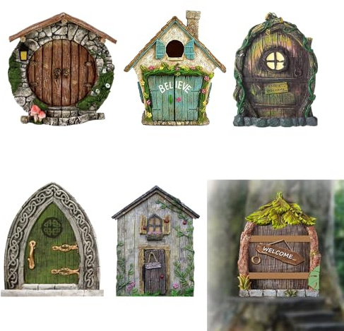 BSITSSS 6 stycken fedörr, miniatyr tomtedörr för trädgård, trä tiny älvdörr, älvträdgård tillbehör utomhus, tomtedörr för gård träd dekoration