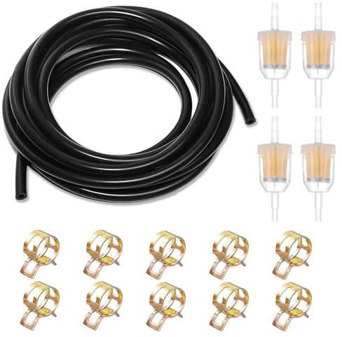 Benzinschlauch 5mm, 5 Meter Kraftstoffschlauch Set mit 4 Benzinfilter und 10 Schlauchschellen Kraftstoffleitung Dieselschlauch Ölschlauch für Kleine Motorrad Auto Roller