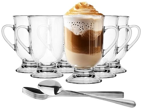 Glasmark KROSNO 1992 Glass Set Coffee Glasses with Handle and Latte Spoons 6 Pieces 380 ml Coffee Tea Latte Glass Tea Cups Glass Cups Drinking Glass Dishwasher Safe Elton