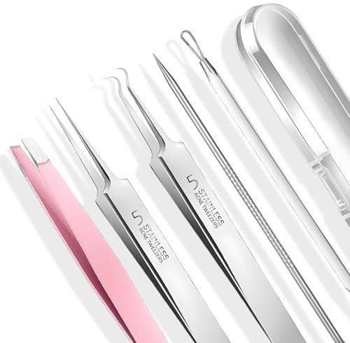 5 Stück Mitesserentferner Pinzetten Clip Pinzettenset zur Mitesserentfernung Edelstahl Komedonenquetscher Set Präzisions Akne Mitesser Pickel Extraktor Professionelles für Nase Augen Gesicht