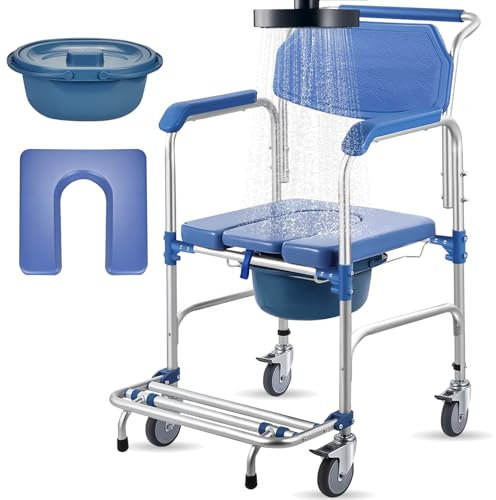 4-in-1 Rolling Shower Chair with Wheels,Waterproof Disabled Wheeled Bathroom Shower Chair for Elderly,Commode Toilet Chair with Removable Bucket, Bedside Commode Chair on Wheels for The Disabled