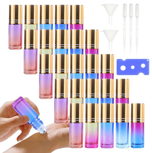 WIYETY Eteriska oljor Roller flaskor: 25 stycken 5 ml färg rulle på flaska tom med tratt & öppnare & halm, glasrullflaskor, för eterisk olja aromaterapi parfym