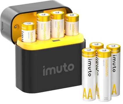 imuto Batería recargable AA de litio 8 piezas con cargador, 3600 mWh de alta capacidad 3 amperios 100% de potencia máxima AA baterías, simular a alcalino con voltaje no constante AA Li-ion