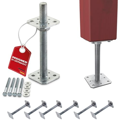 SOTECH set med 6 stolpstöd 80 x 80 x 250 mm gänga M24 stål varmförzinkat ankare höjdjusterbar markbas för påskruvning väderbeständig