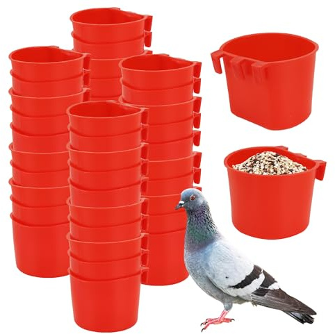 40 Pcs Cage Cups Birds Feeders Bird Water Dispenser Hanging Quail Waterer Plastic Chicken Feeding Watering Dish for Small Coop Parrot Parakeet PET Poultry Pigeon Gamefowl Food Seed Bowl Supplies(Red)