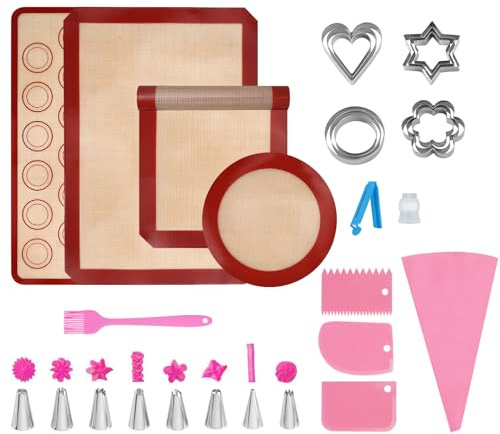 BZUEPRS 4 Pack Silicone Baking Mat, Non-Stick Washable Reusable Baking Tray with Cookie Moulds, Piping Bag, Scrapers, Heat-Resistant BPA Free Baking Sheet for Cookies, Macarons Bread Pastry