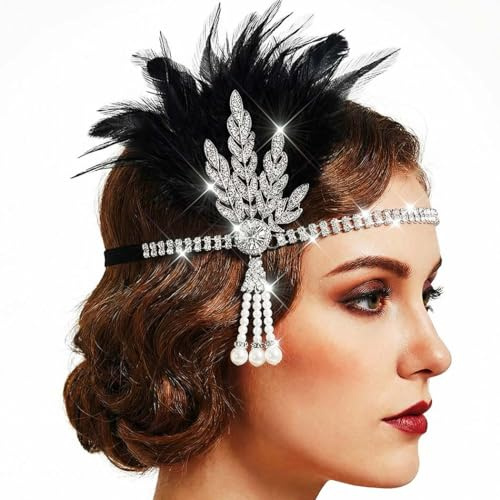Reaky Fascia per capelli con piuma, copricapo Gatsby, con strass, per capelli da donna anni '20 (nero, taglia unica)