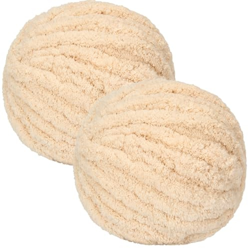 Super Chunky Wool Yarn for Hand Knitting 500G - Thick Jumbo Tubular Wool for Arm Knitting & Crochet Chenille Yarn for Baby Blankets, Throws, Hats, Scarves Ideal for Beginners & Crafters Beige White