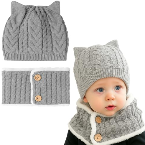 THQAE Niños Sombrero y Bufanda Conjunto Unisex Niños Niñas Invierno Bebe Gorros con Pompon Y Bufanda de Punto Cuello Redondo