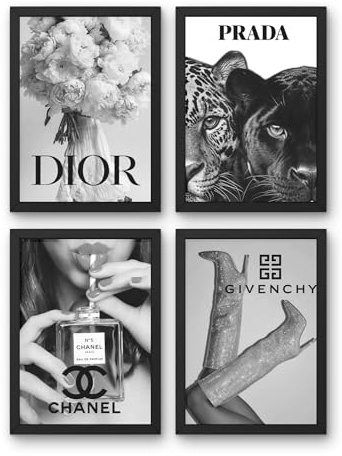 Generico Set 4 Quadri Poster con Cornice Inclusa, Luxury Brand Moda, 20x30cm, Arredamento da parete per soggiorno, Handmade, Bianco e Nero