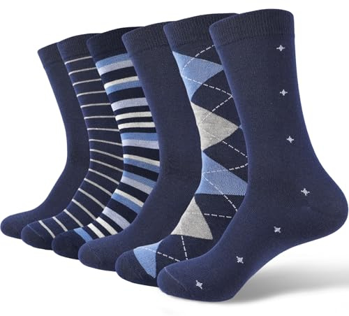 Zuimei 6 Pairs Men's Cotton Socks Business Smart Dress Crew Socks | Stripe and Argyle Designs, Breathable Casual Sock, Ideal for Work, Office and Daily Wear