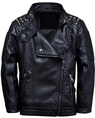 LAUSONS Kinderkragen Motorrad Lederimitat Mantel Jungen Kunstleder Jacke Bikerjacke mit Nieten Schwarz DE 140-146(Herstellergröße 140)