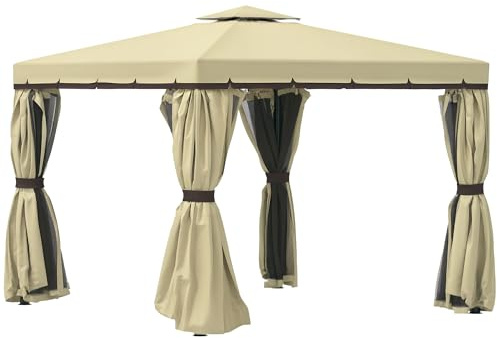 Outsunny 3 x 3(m) Patio Gazebo Canopy Garden Pavilion Tent Shelter with 2 Tier Water Repellent Roof, Mosquito Netting and Curtains, Aluminium Frame, Beige