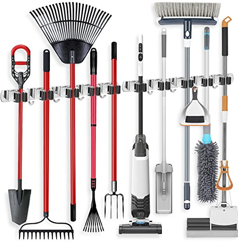 IMILLET 2 Pack Wall Mount Broom Holder Stainless Steel 5 Racks with 4 Hooks Broom Organizer Self Adhesive Heavy Duty Laundry Room, Garage Organization Storage