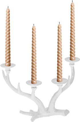 Relaxdays Portacandele a Quattro Bracci, Design a Corna di Cervo, Candelabro Vintage per Candele Lunghe, Ghisa, Bianco