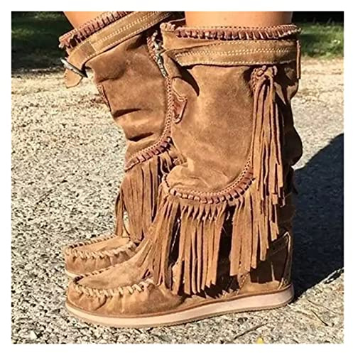 Santiags Western Rétro À Franges Bottes En Daim Vintage for Femmes Boots De Neige Chaudes À Longue Tige D'automne Et D'hiver Chaussures À Enfiler Décontractées for Femmes ( Color : Brown , Size : 38 E