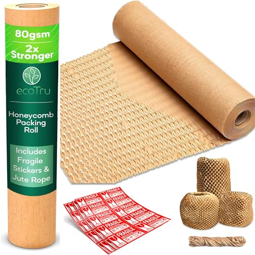 ecoTru Wabenpapier Verpackungspapier Rolle 36cm x 40m, Luftpolsterfolie Öko Alternative, Verpackungsmaterial und füllmaterial für pakete, Kraftpapier, Packpapier, Polsterpapier, Bubble wrap packing