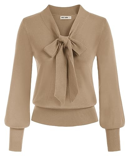 GRACE KARIN virkad topp jumper för kvinnor UK V-ringad långärmad elastisk pullover tröja med rosett, Ljusbrunt, XXL
