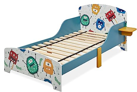 Relaxdays Kinderbett kleine Monster, Rausfallschutz, HBT 60x94x143 cm, Lattenrost, Kleinkindbett, Ablage, MDF, blau/weiß
