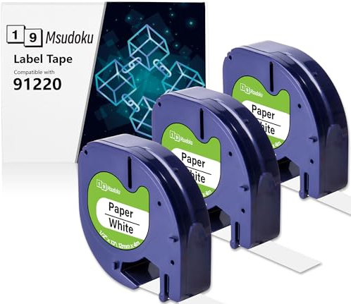 Msudoku 91220 91200 S0721520 - Reservband för Dymo Letratag, 12 mm x 4 m, svart på vitt papper, kompatibelt med Dymo LetraTag LT-100H LT-100T QX50 XR XM 200B