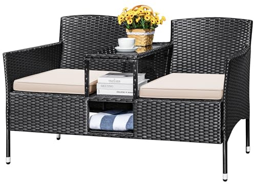 Devoko Outdoor Patio Loveseat Modern Rattan 2-Seat Patio Conversation Set with Cushions & Built-in Coffee Table Porch Furniture for Garden Lawn Backyard (Beige)