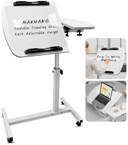 MAKUANG Rolling Laptop Desk Adjustable Height with Writing Glass, Over Bed Table with 2 Tilting Desktops and Wheels, Small Portable Laptop Stand Overbed Bedside Table for Couch, White