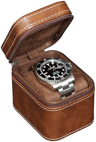 ROTHWELL Single Watch Travel Case | Compact PU Leather Protective Box with Microsuede Interior | Fits Watches & Smartwatches Up to 55mm (Tan/Brown)