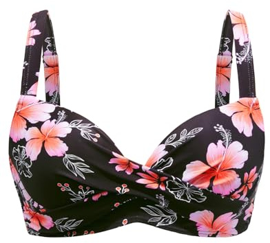 Top Bikini da Donna con Ferretto, Push up, Reggiseno Imbottito, Top da Bagno 2025, Motivo Floreale Nero., M