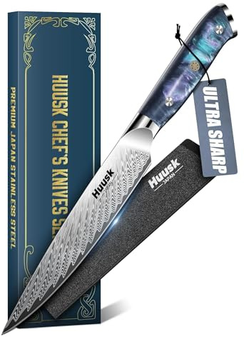 Huusk Japanese Kitchen Utility Knife 5 - Stainless Small Chef Knife with Resin Handle & Sheath, Full Tang Japanese Petty Knives for All Purpose, Sharp Paring Knives for Vegetable & Fruit, Men Gifts