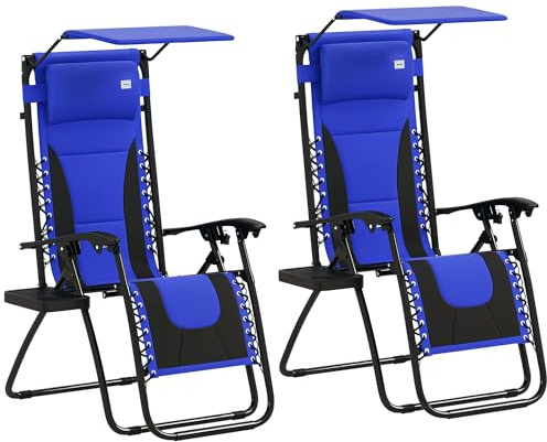Outsunny Zero Gravity Lounger Chair Set of 2, Folding Reclining Patio Chair with Shade Cover, Cup Holder, Soft Cushion and Headrest for Poolside, Camping, Blue