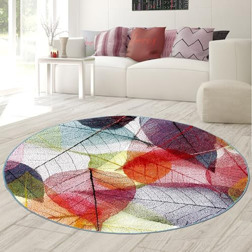 Teppich-Traum Teppich Wohnzimmer Wohnbereich Tischunterlage Essbereich pflegeleicht strapazierfähig Mehrfarbig farbecht mit Laubmuster in Bunt, 120 cm Rund
