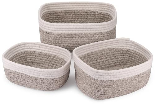 Yimomoyi Juego de 3 Cestas Almacenaje Tejidas con Cuerda de Algodón, Grande Cesta Organizadora Bebe, Cestas Organizadoras para Dormitorio, Baño, Cocina, Armario, Juguetes, Maquillaje
